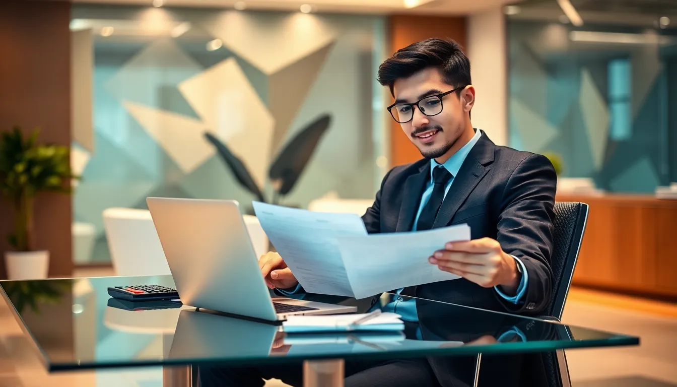 professional assessing financial documents on a laptop in a modern office.
