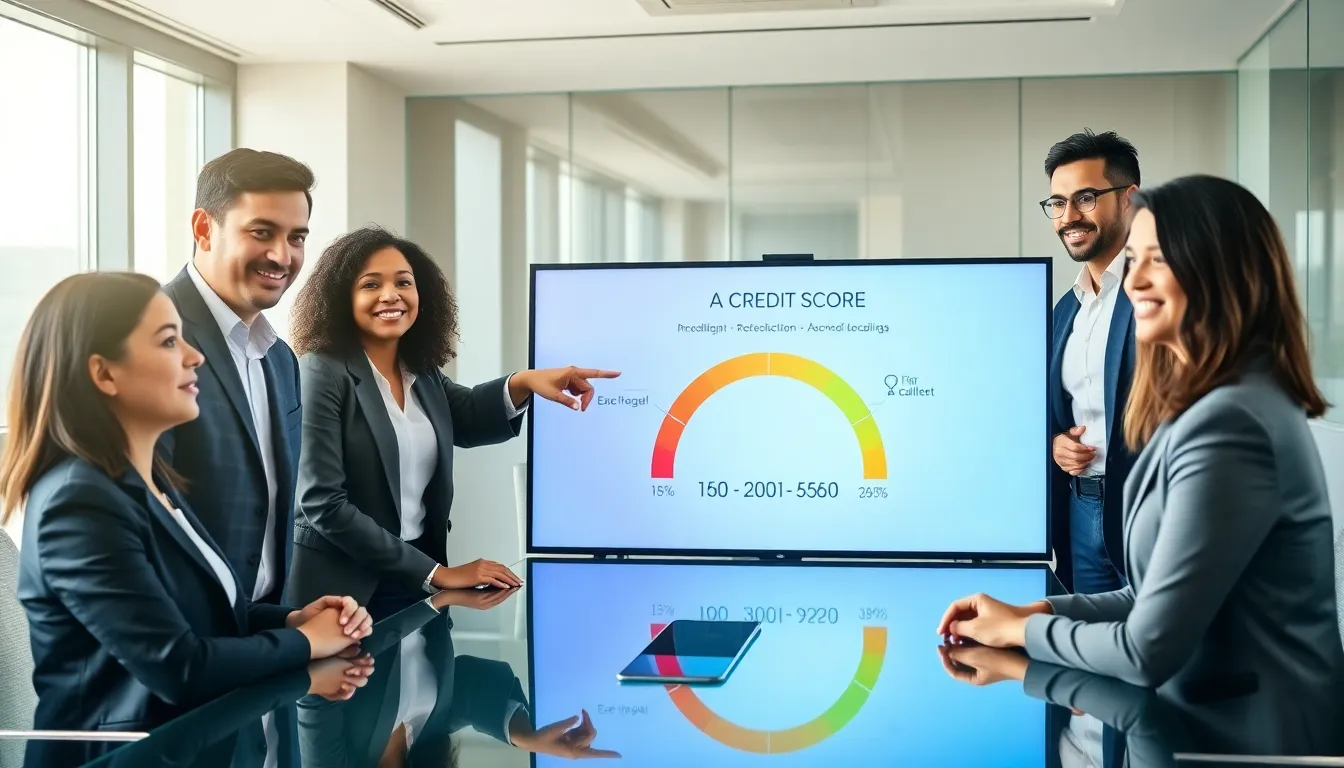 diverse team discussing credit scores in a modern office.