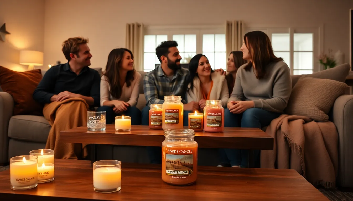 cozy living room with Yankee Candles and people enjoying together.