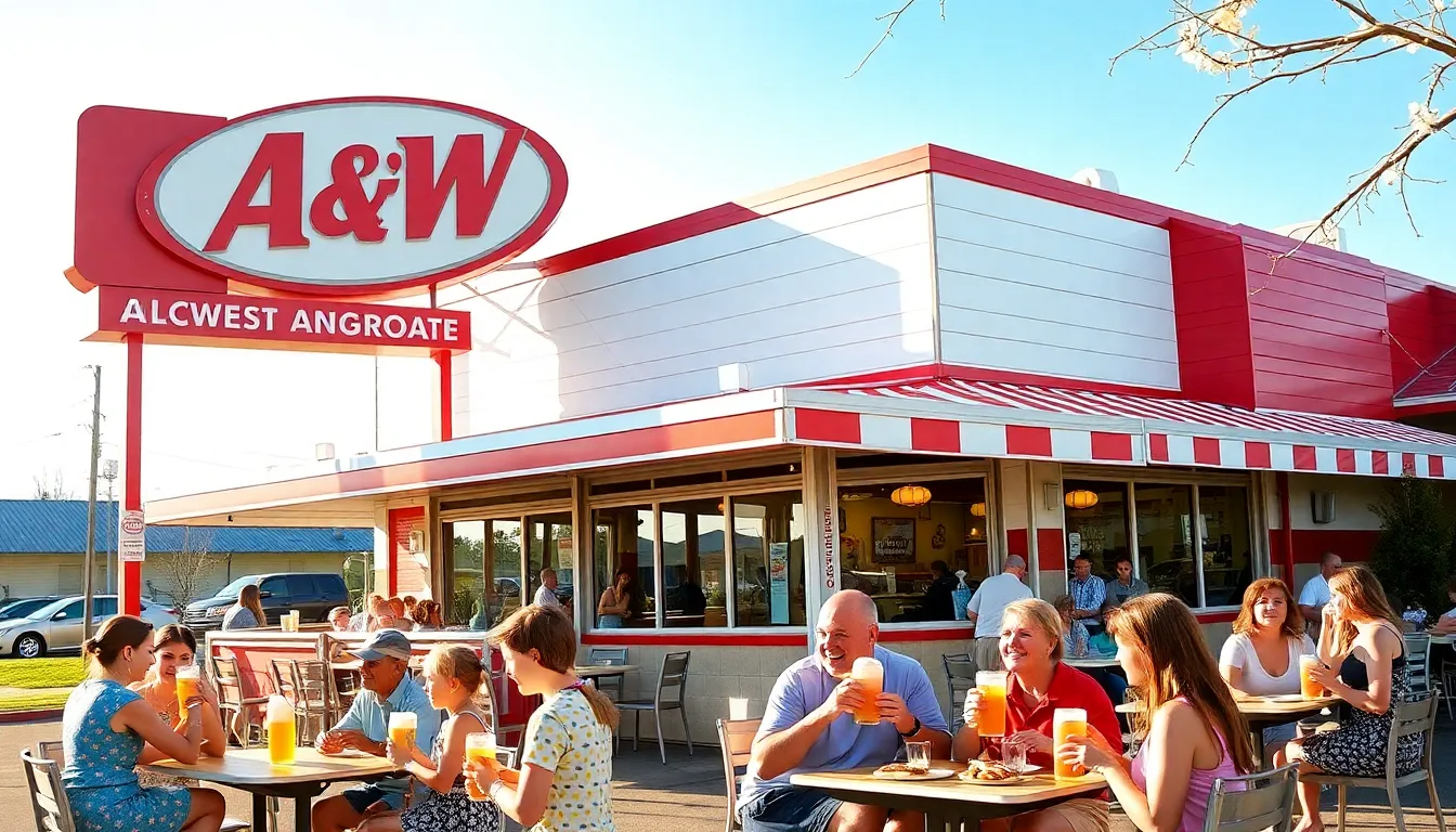A&W restaurant in Sweet Home with families enjoying classic meals.