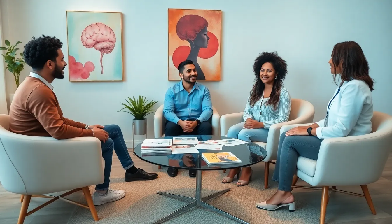 diverse professionals discussing sexual wellness with a couple in a cozy setting.