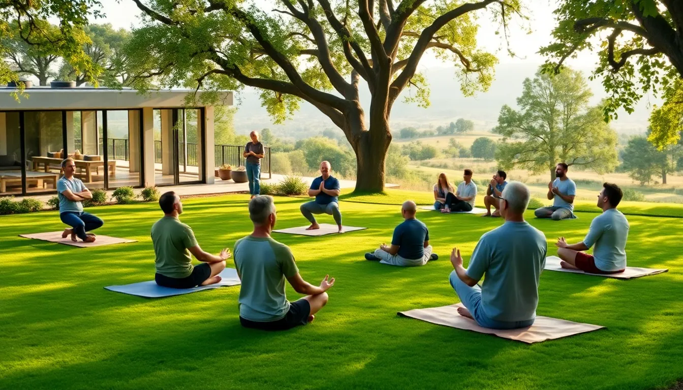 men practicing wellness activities at a serene retreat.