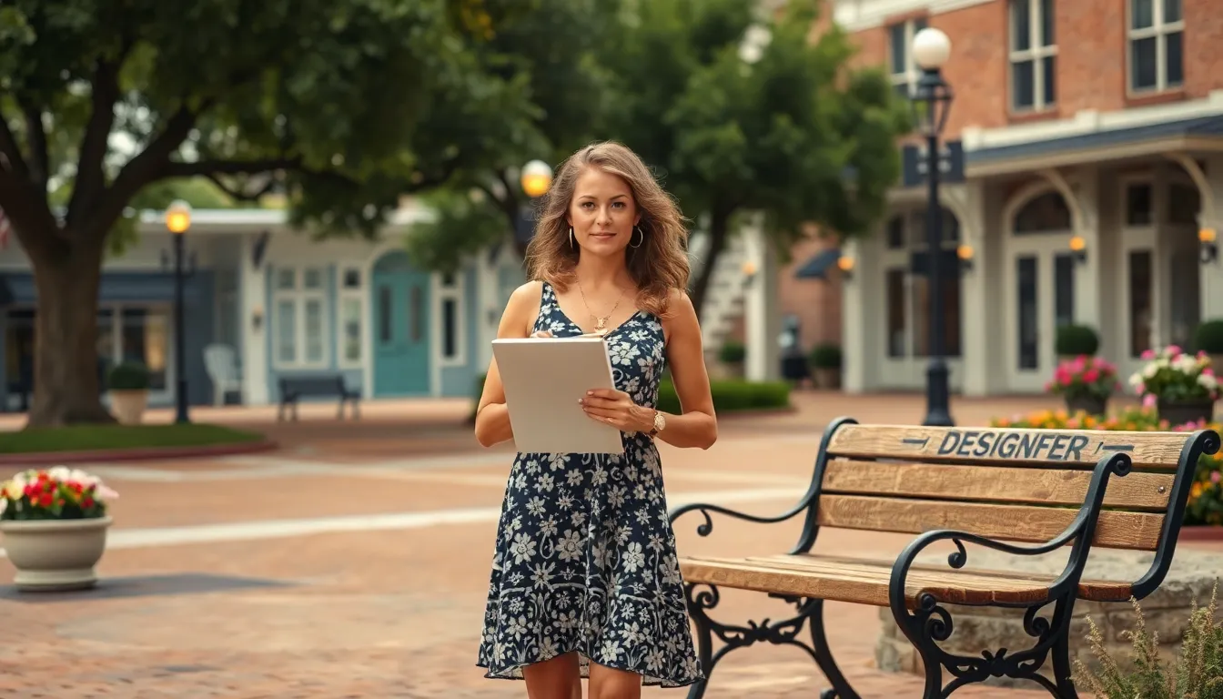 woman in a summer dress in a charming Southern town setting.